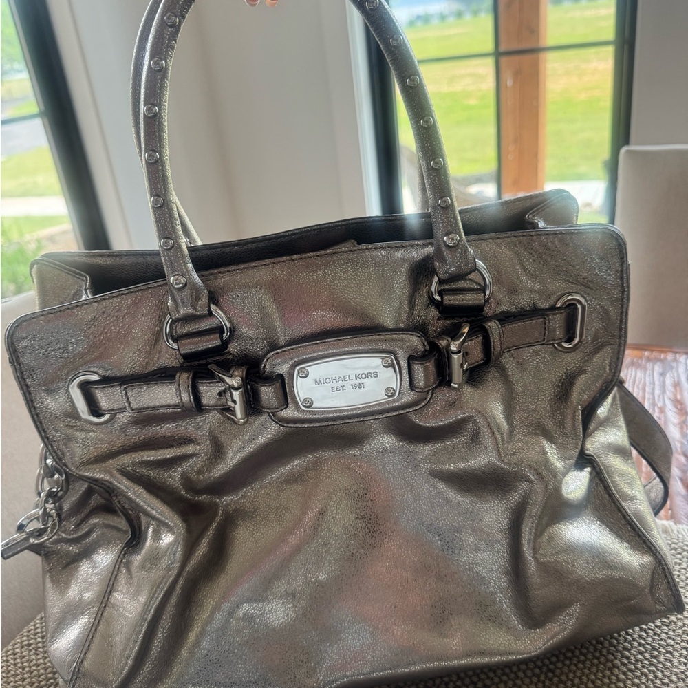 Michael Kors Silver Satchel with Glossy Finish